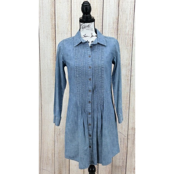 J Jill Petite Small Chambray Denim Pintuck Button Front Shirt Dress 100% Cotton - Picture 1 of 6